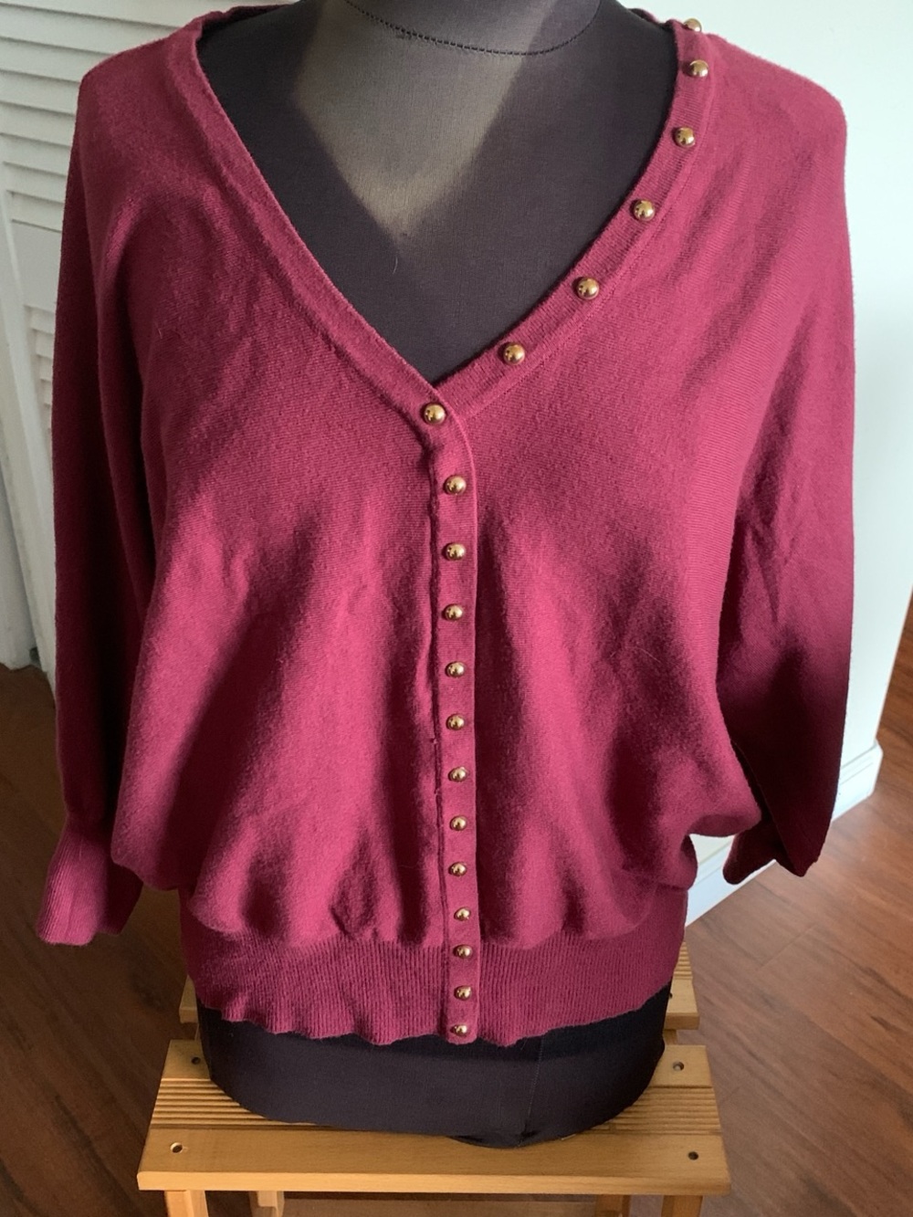 V-Neck Button-Front Sweater in Berry with Gold Buttons, 3/4 cuff sleeves